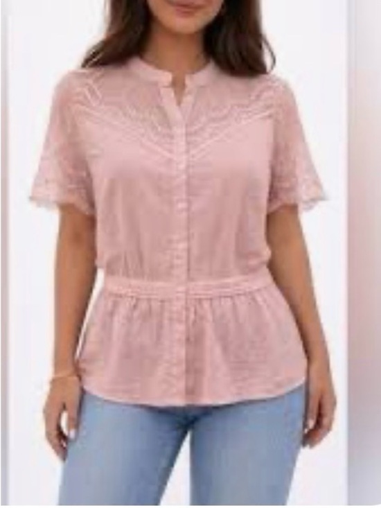 Who What Wear Tops - WHOWHATWEAR S Peplum yoke pink lace detail short sleeve ruffle waist button top